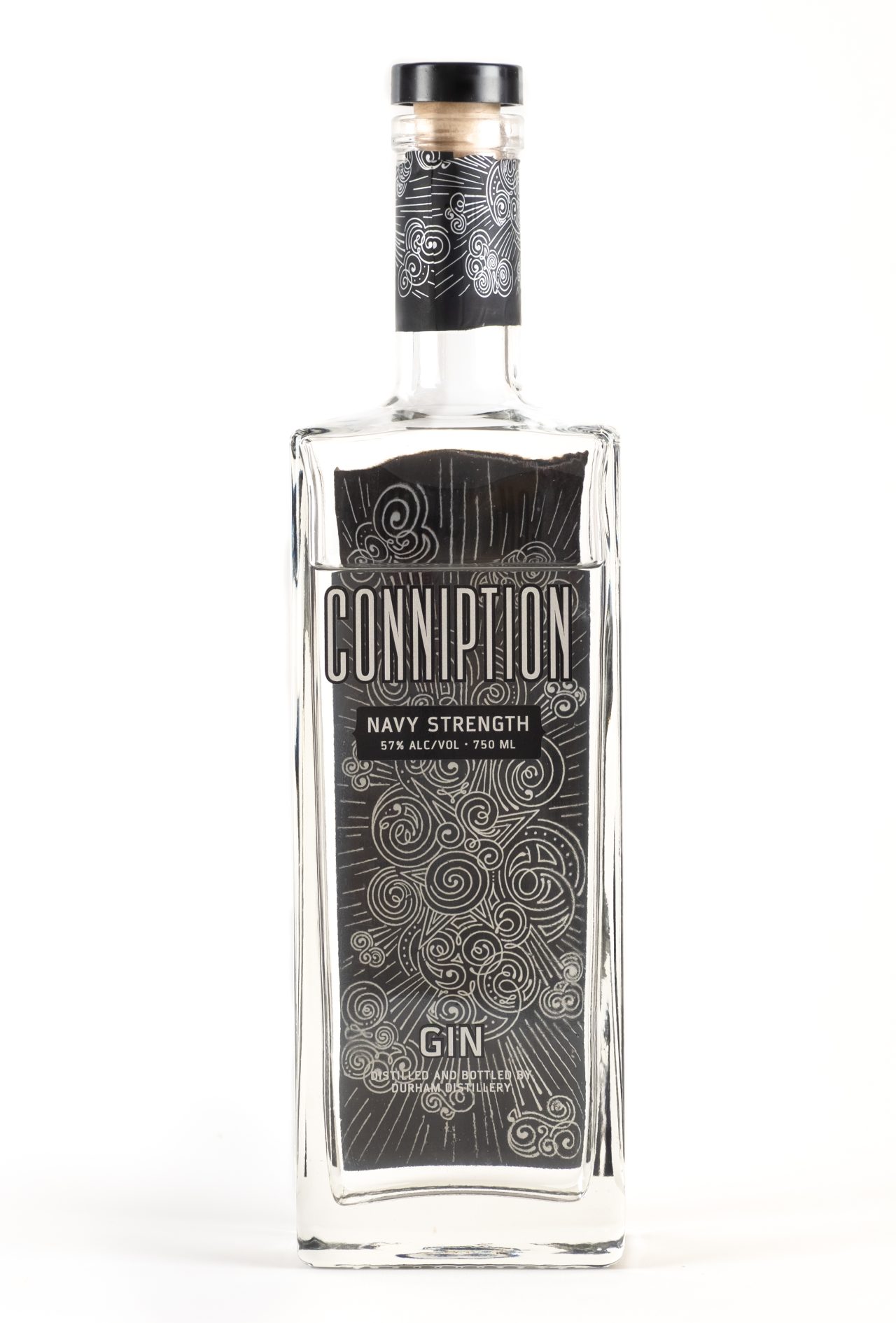 Product photography of a bottle of Durham Distillery Conniption Gin.